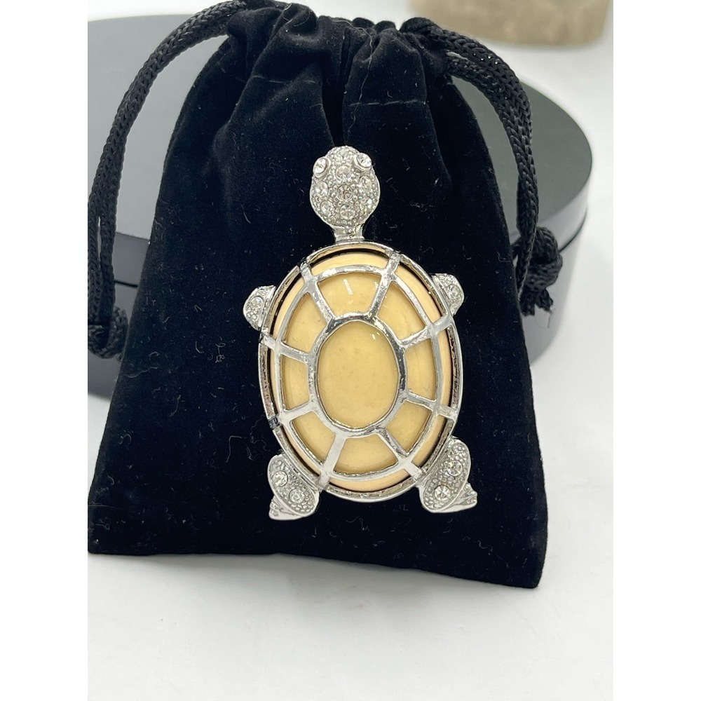 Vintage Turtle Cream‎ Stone Silver Tone Pave Crystals Pin Brooch